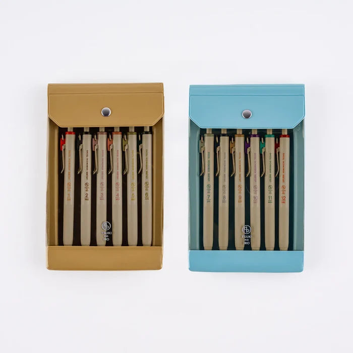 Hobonichi 2026 Accessories: TSUKI no IRO: Uniball One Set of 6 with Case, detail view of the design.