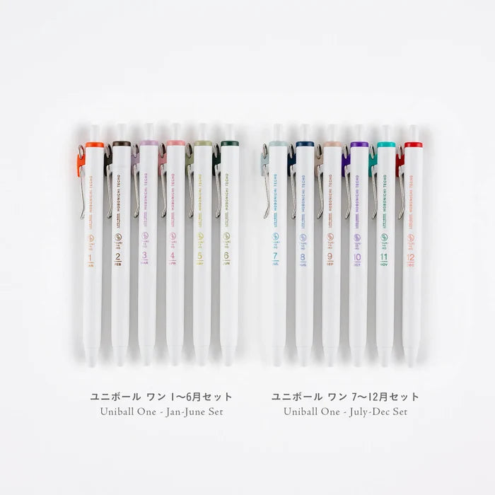 Hobonichi 2026 Accessories: TSUKI no IRO: Uniball One Set of 6 with Case, close-up view.