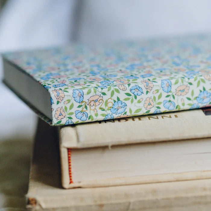 Hobonichi HON A5 2026 Planner: Liberty Fabrics - Sasha Kiora, close-up view.
