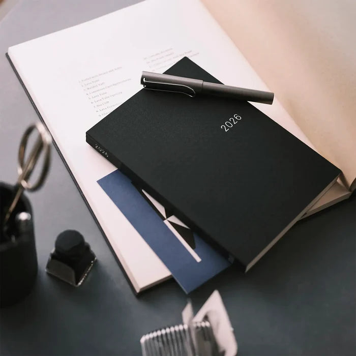 Hobonichi HON A5 2026 Planner: Paper Series - Black Gingham, close-up view.
