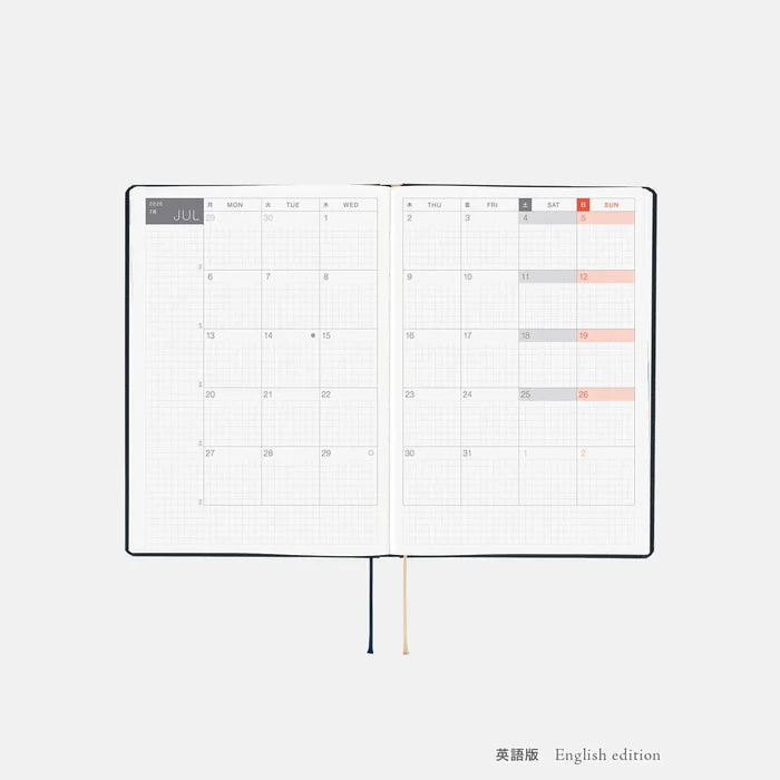 Hobonichi HON A5 2026 Planner: Slash (Navy), shown with its details.