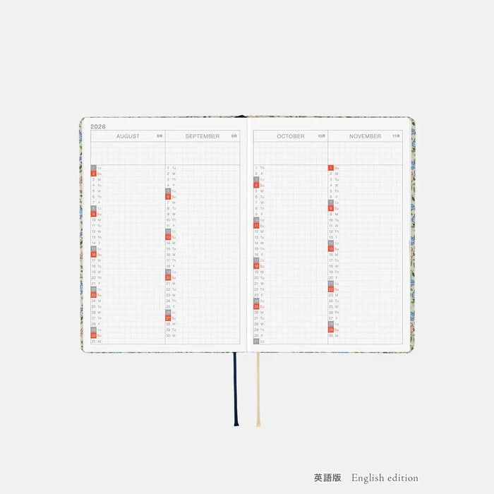 Hobonichi HON A6 2026 Planner: Liberty Fabrics - Sasha Kiora, front view.