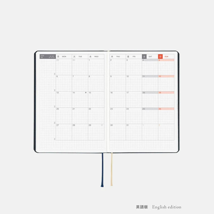Hobonichi HON A6 2026 Planner: Slash (Navy), shown with its details.