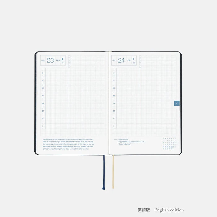 Hobonichi HON A6 2026 Planner: Slash (Navy), front view.