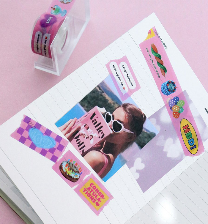 The Journal Shop - Journal decorated with Iconic Collect Masking Tape featuring vibrant typography and fun illustrations.
