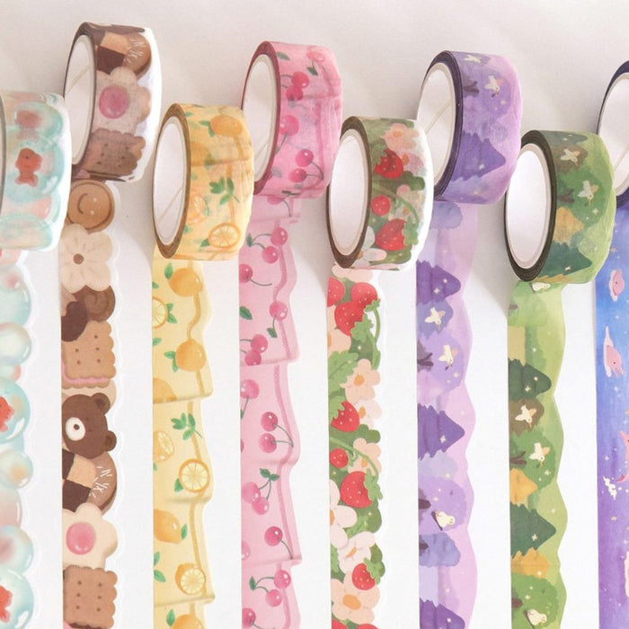The Journal Shop - Close-up of patterned masking tapes with floral and animal motifs arranged on a light background.