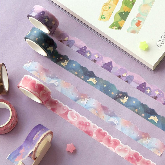 The Journal Shop - Decorative die-cut paper tapes in assorted colours with floral, heart, and doodle designs shown alongside stationery.
