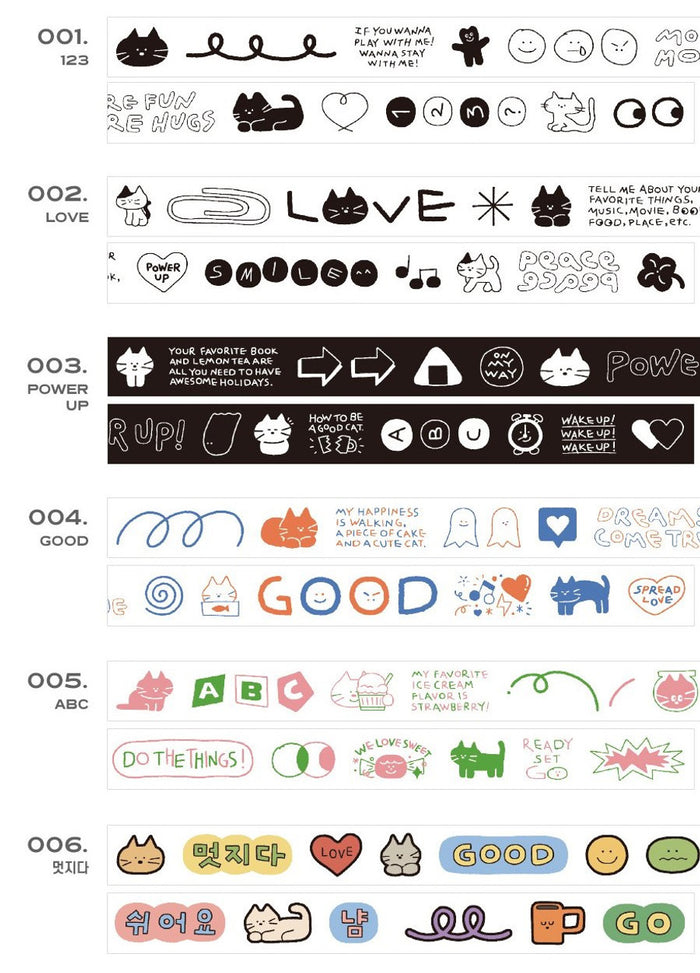 The Journal Shop - Sheet showing all Iconic Doodle Masking Tape designs with black-and-white and colourful doodle patterns.