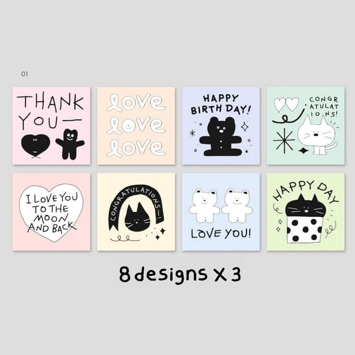 The Journal Shop - Assorted Iconic Doodle Mini Cards with cute doodle characters displayed on soft pastel surface.