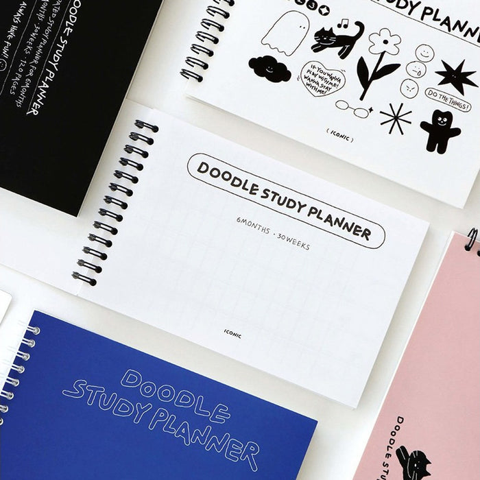 The Journal Shop - Open Doodle Study Planner showing illustrated cover designs and neatly organised study schedule pages.