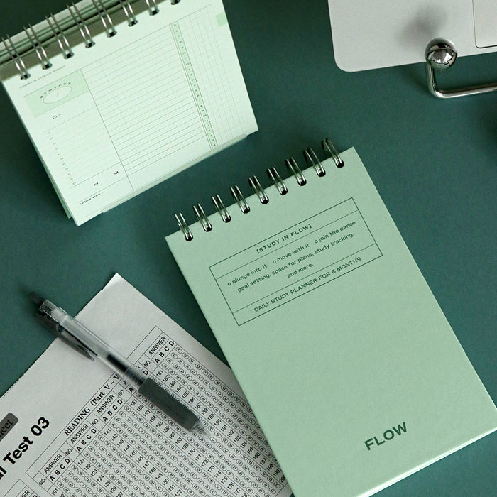 The Journal Shop - Iconic Flow B6 Spiral Study Planner vintage green cover open with study schedule and task lists.