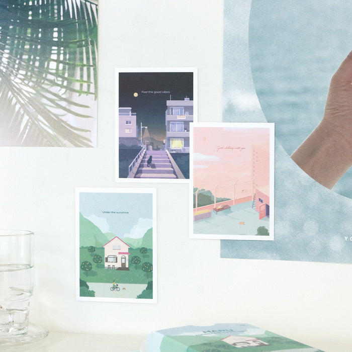 The Journal Shop - Iconic Haru Message Cards in pink and blue tones displayed with envelopes and paper clips on desk.