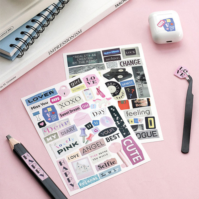 The Journal Shop - Colourful collage stickers featuring lifestyle phrases and retro graphics.