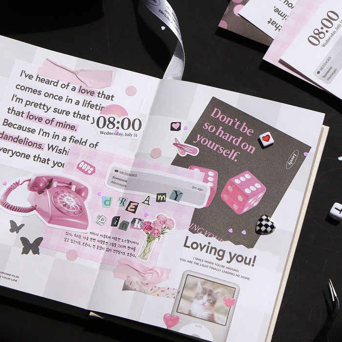 The Journal Shop - Open journal decorated with Moodscape stickers featuring pastel tones and scenic photo-style backgrounds.