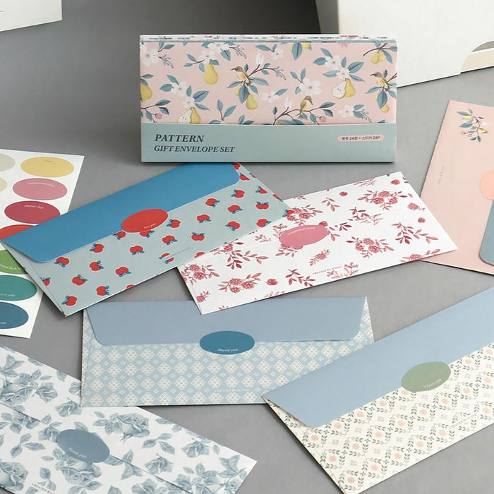 Iconic Pattern Envelope Set - 24 Envelopes + 28 Stickers, shown from another angle.