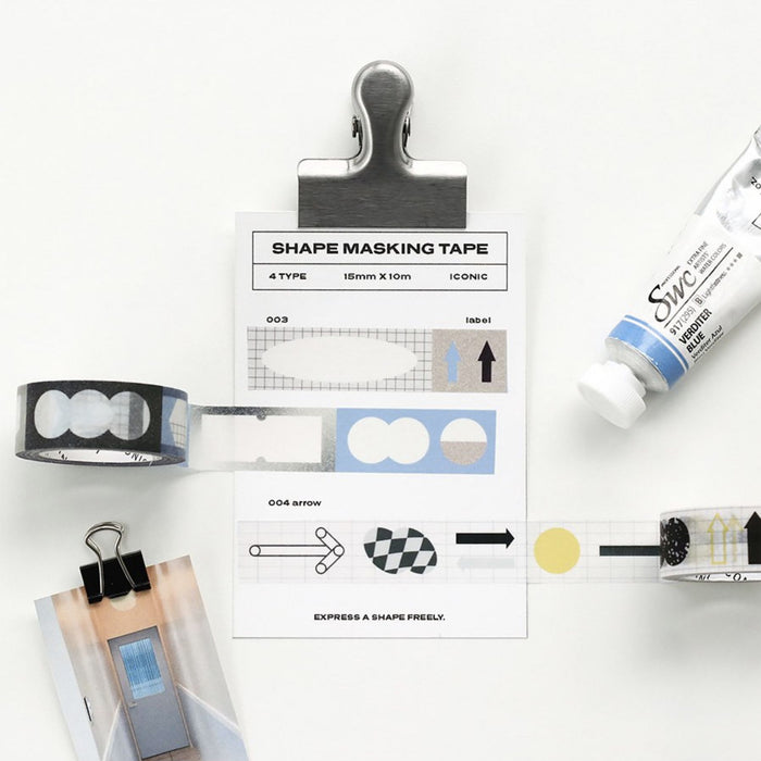 The Journal Shop - Flat layout of Iconic Shape Masking Tape designs used to decorate a clipboard with clean graphic elements.