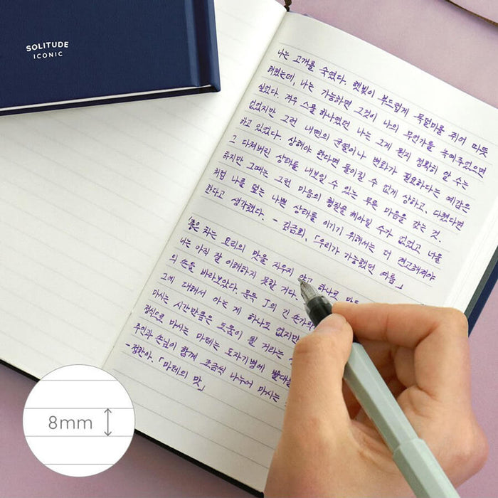 The Journal Shop - Iconic Solitude Tomoe River Line Notebook being written in, showing smooth fountain pen ink on fine paper.