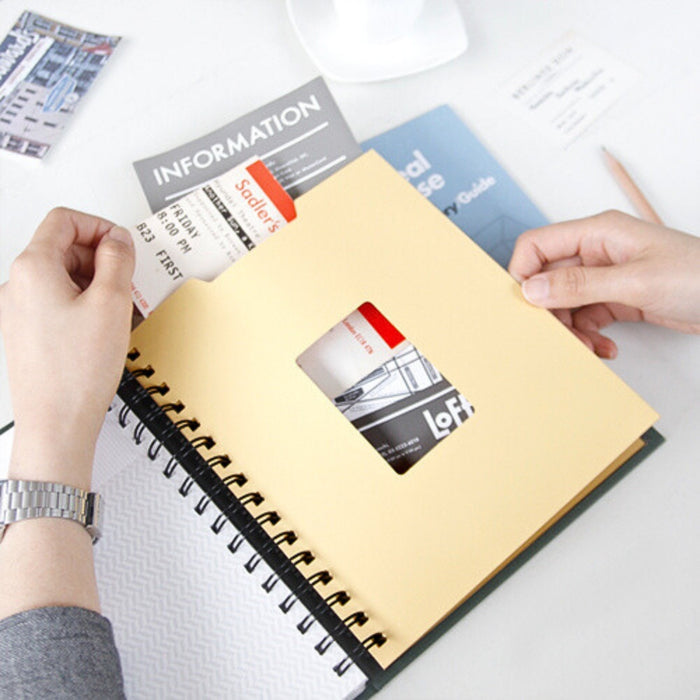 Iconic Ticket Scrapbook Album in mustard yellow open with inserted tickets, cards, and photos.