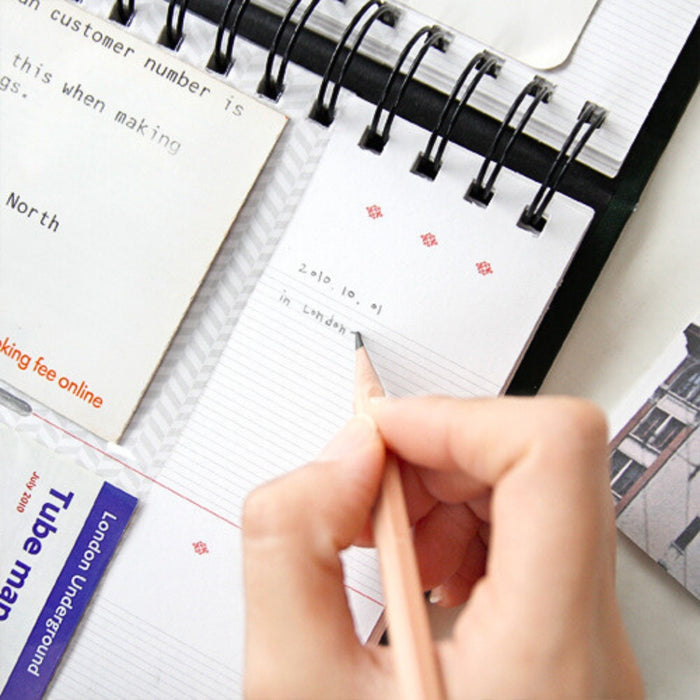 Open Iconic Ticket Scrapbook Album with spiral binding and assorted travel memorabilia inserted.