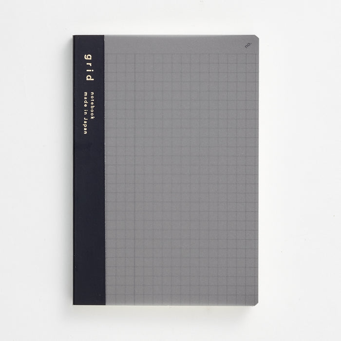 Front cover of the Daigo Isshoni Number Notebook A6 in grey with grid pattern and black spine.