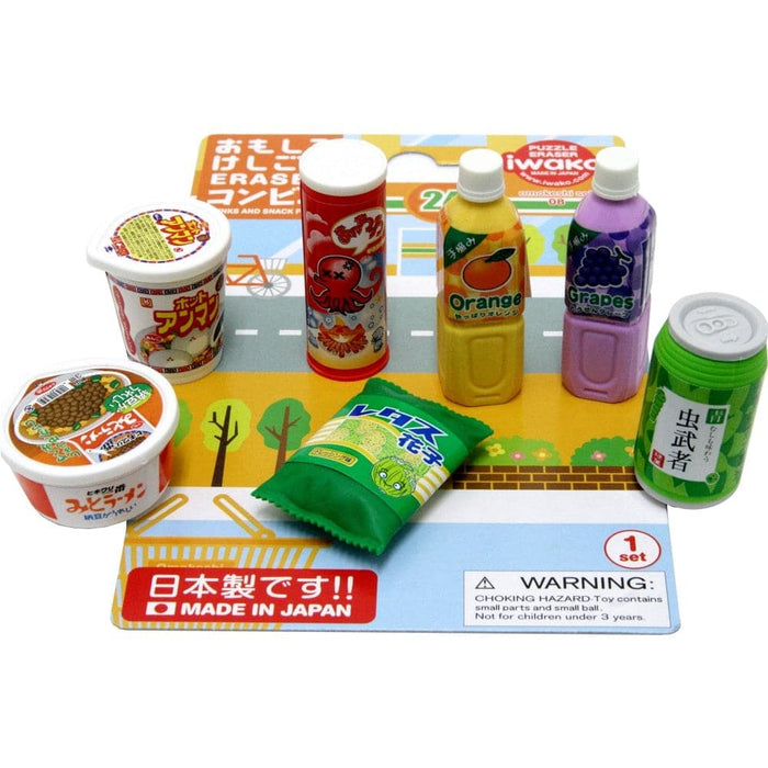 Iwako Japanese convenience store eraser set with drinks and snack shaped puzzle erasers