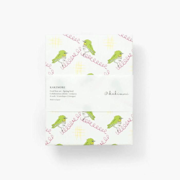 The Journal Shop - Kakimori Card Box Set featuring Spring Bird design packaging with green bird and wisteria pattern.