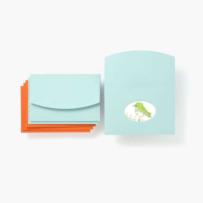 The Journal Shop - Blue and orange Kakimori Spring Bird envelopes displayed with matching illustrated cards.