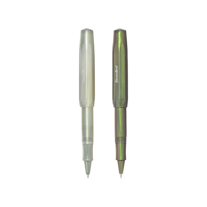 Kaweco Lunar Sport Rollerball Pen in shadow green and light green finishes shown side by side.