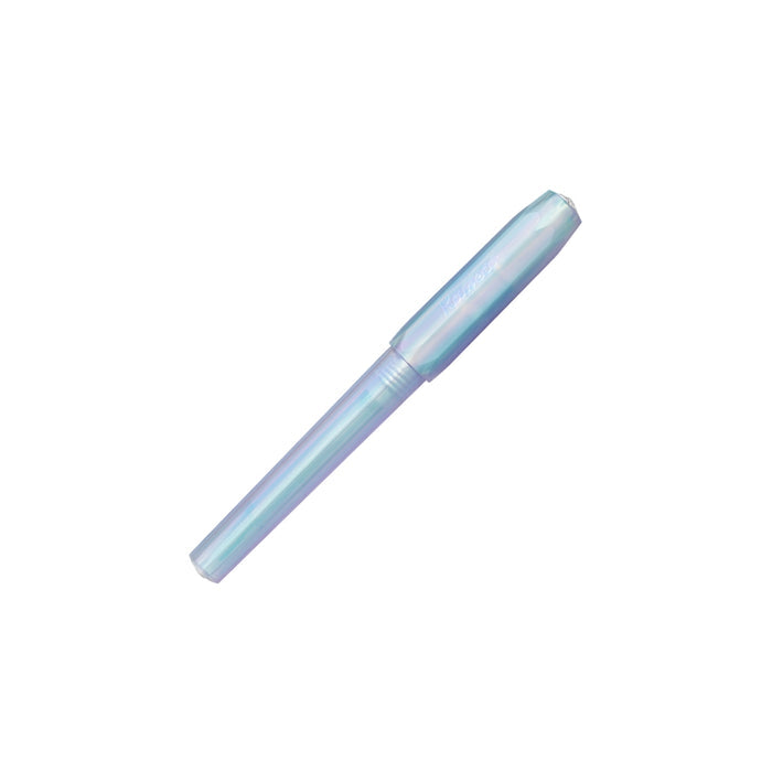 Side view of the Kaweco Perkeo fountain pen in iridescent pearl with shimmering translucent body.
