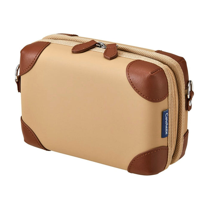 Front view of the Beige Carchette carrying pouch with leather corner details.