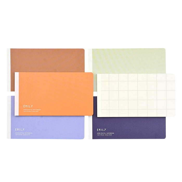 EMILY horizontal notebooks shown in assorted pastel and muted colour covers.