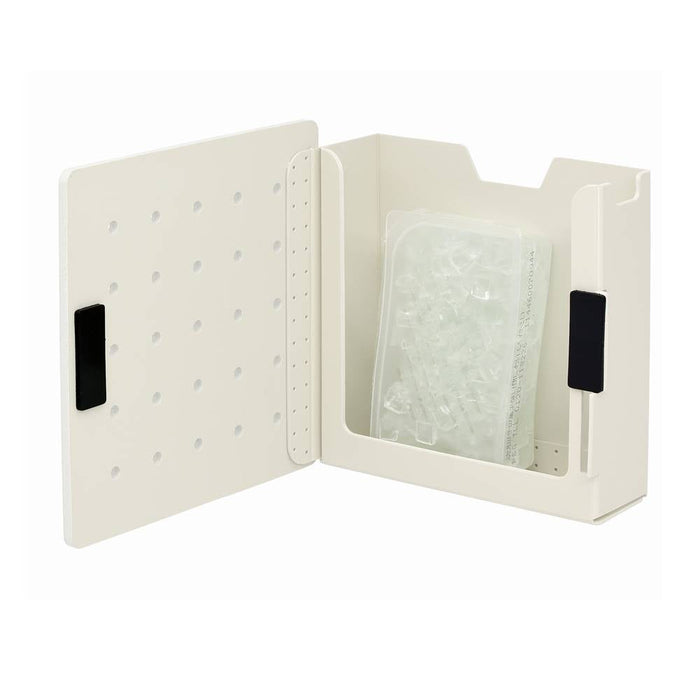 White Harupeggy pegboard with interior storage and mounted accessories.