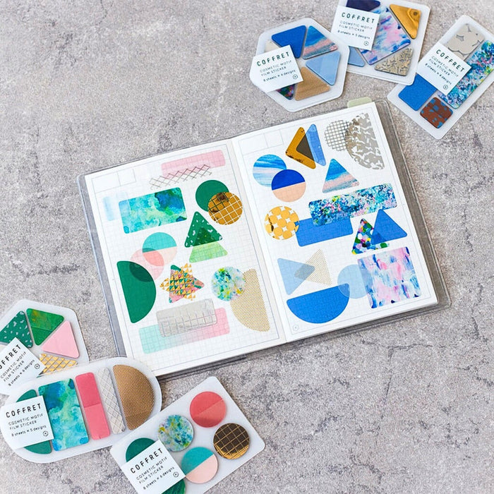 Sheet of COFFRET cosmetic motif film stickers featuring colourful cosmetic-themed designs.