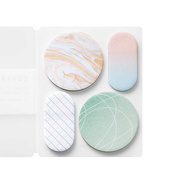 Peacock Green HITOTOKI Coffret cosmetic sticky notes in soft pastel colours arranged on a white background.