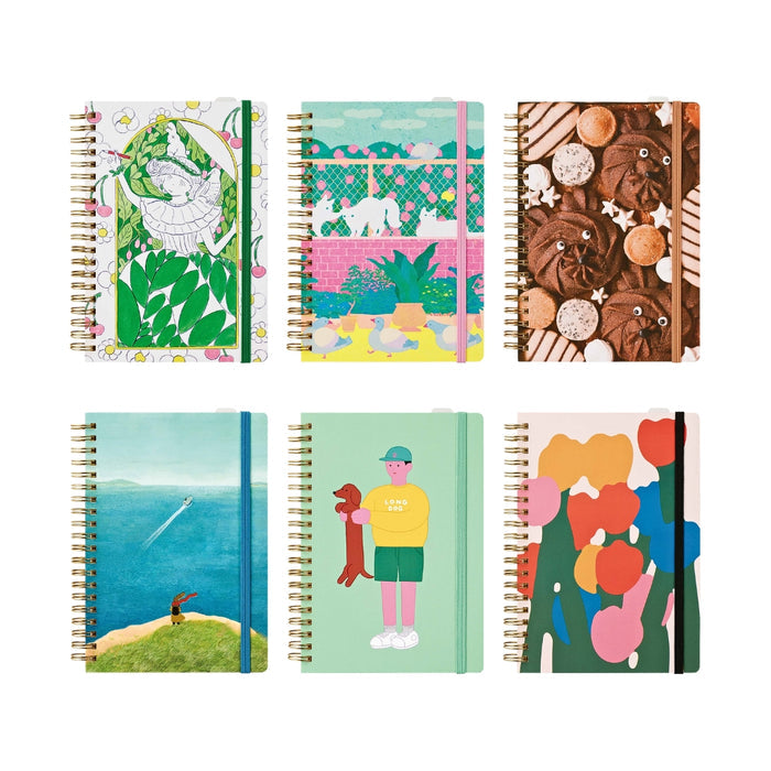 Assorted HITOTOKI Ring Notebooks in comic size, showing six illustrated cover designs including nature scenes, characters, abstract shapes and patterned artwork.