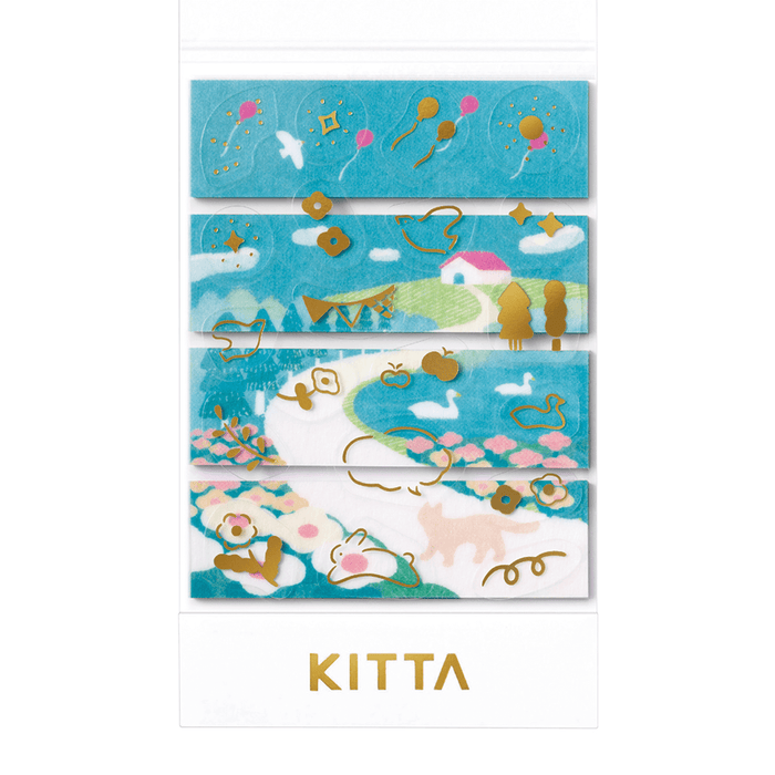 Front view of KITTA collage washi stickers pack with layered decorative designs.