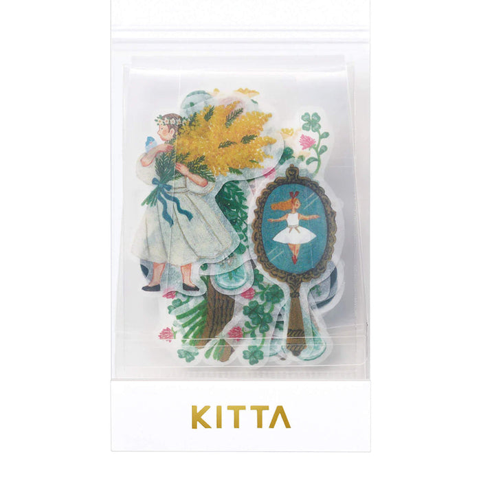 Lifestyle - Front view of a KITTA flake washi stickers pack featuring illustrated designs.
