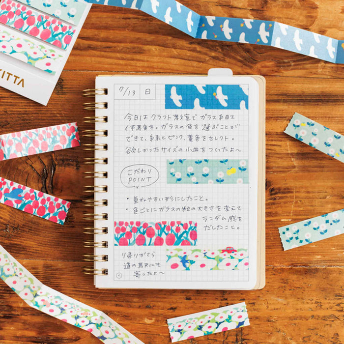 KITTA Jabara washi stickers applied to a journal spread for decoration.