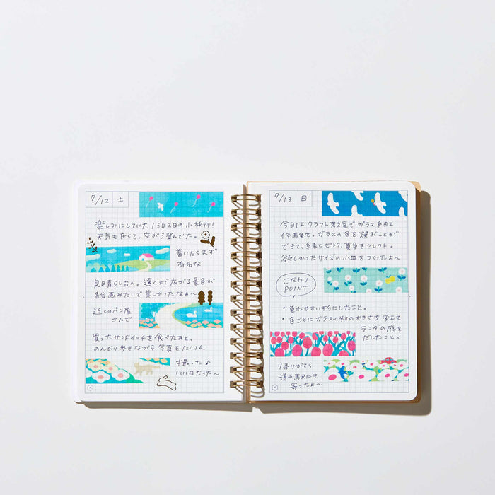 Flat lay of KITTA Jabara washi stickers with stationery on a wooden surface.