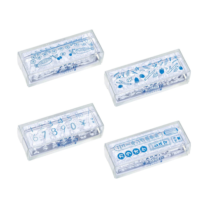 Range of Kori Jirushi long clear stamps with blue illustrated designs.