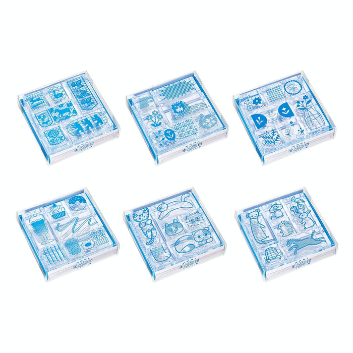 Overview of Kori Jirushi clear stamps set of six with assorted blue illustrated designs.