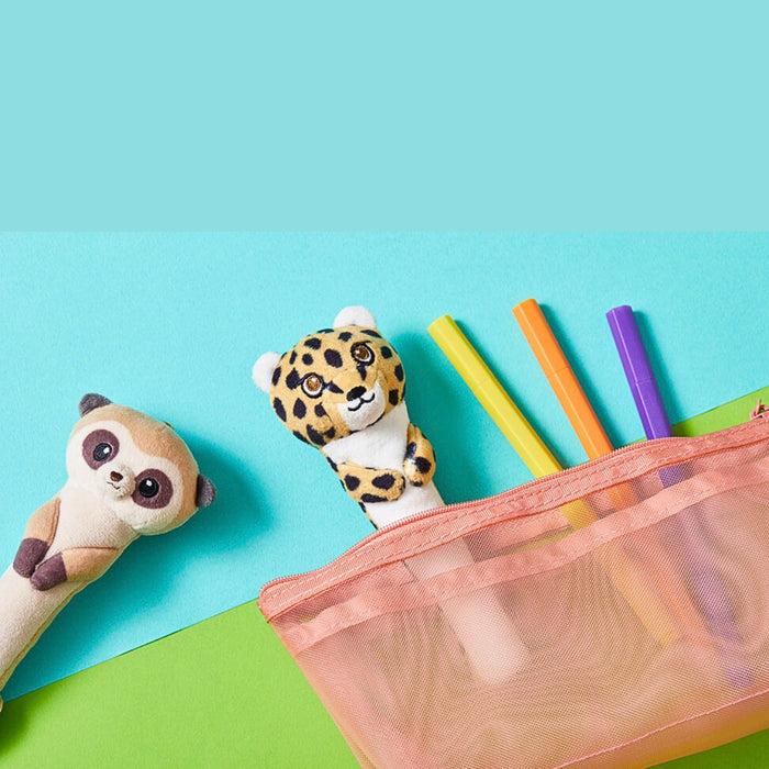 Pouzoo animal pen grips stored in a transparent pencil case with coloured pens.