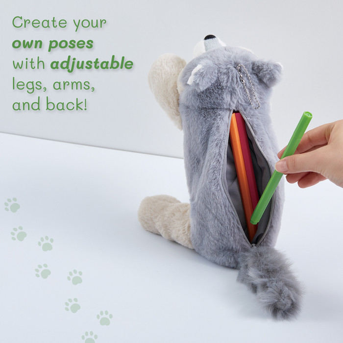 Pouzoo animal design pen pouch shown unzipped to display interior storage.