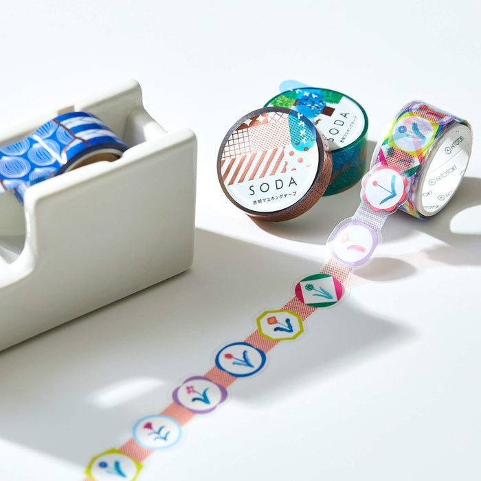 SODA 20mm die-cut masking tape rolls stored neatly on a desk organiser.