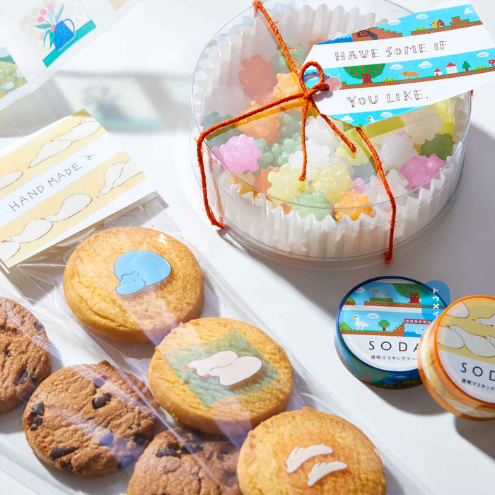 SODA 10mm masking tape displayed with desserts and stationery in a styled flat lay.