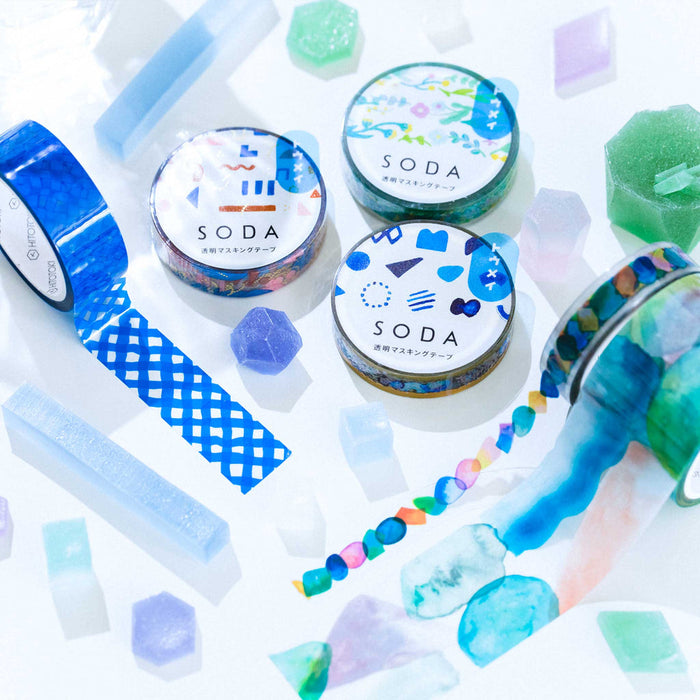 Multiple rolls of SODA 15mm masking tape in assorted designs.