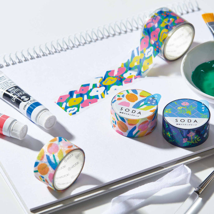Assorted SODA 20mm masking tape rolls displayed on a notebook flat lay.
