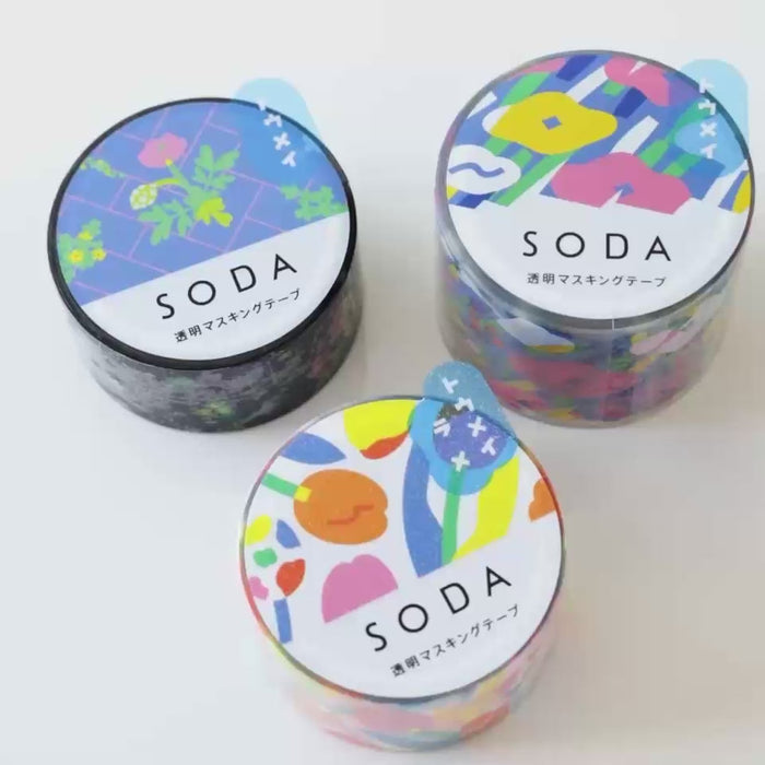 Three SODA 20mm masking tape designs arranged together on a desk.
