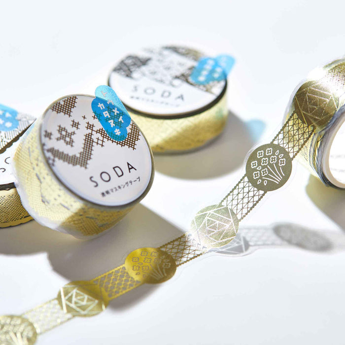 Close-up of SODA foil and die-cut masking tape rolls showing metallic and patterned designs.