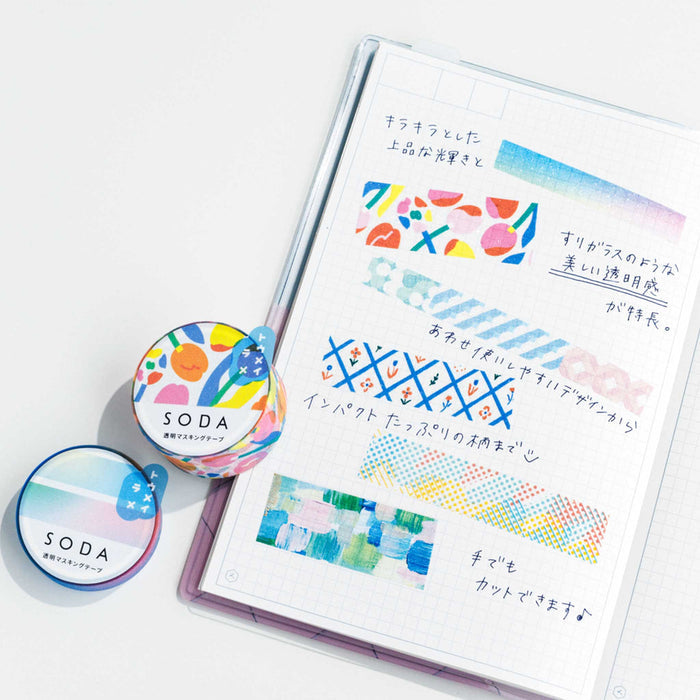 Close-up of SODA glitter geometry masking tape used to decorate a notebook page.